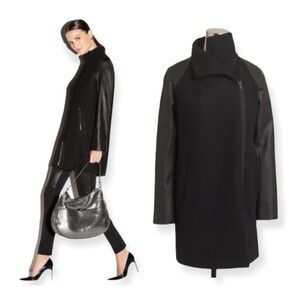 J Crew Black Wool Blend Faux Leather Sleeve Asymmetrical Zip Collar Coat Size 00
